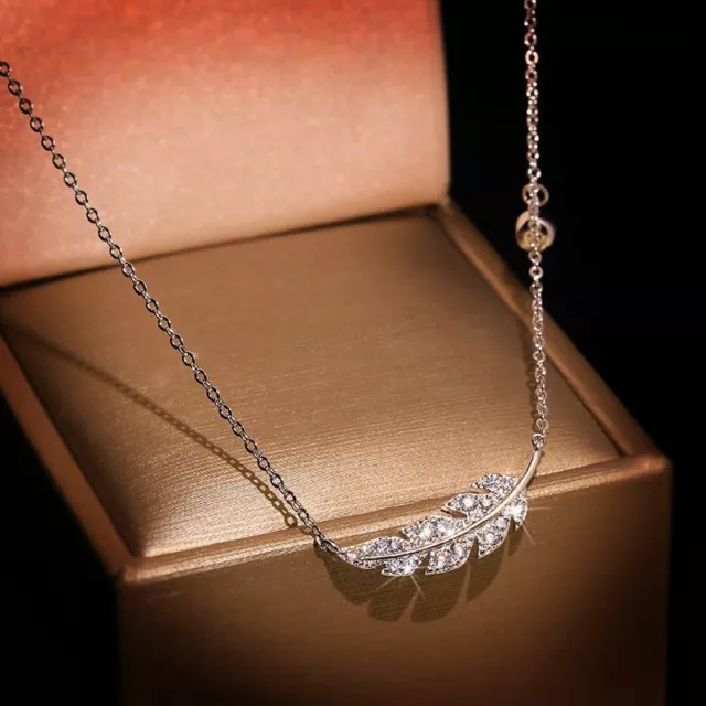 Crystal Leaves Feather Zircon Silver Plated Chain Necklace Pendant Women Jewelry