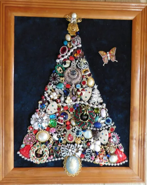 Vintage Jewelry Art, Christmas Tree, signed and framed