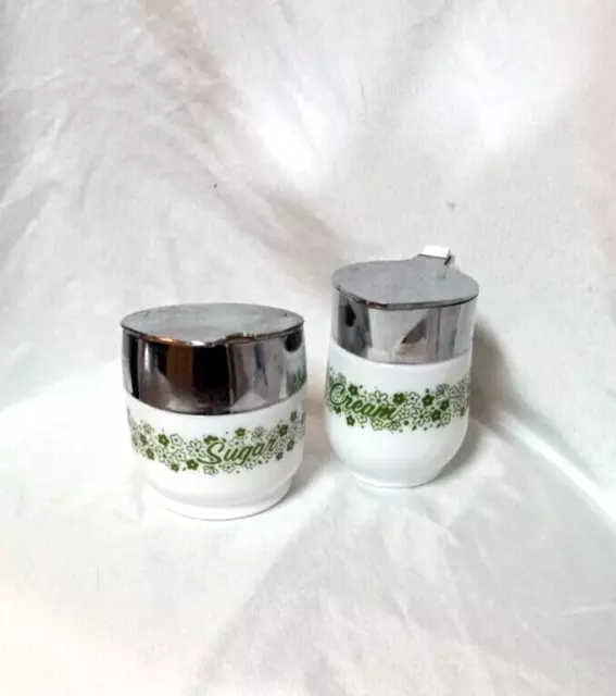 Vintage Gemco Spring Blossom Crazy Daisy Green White Cream & Sugar Corning ware