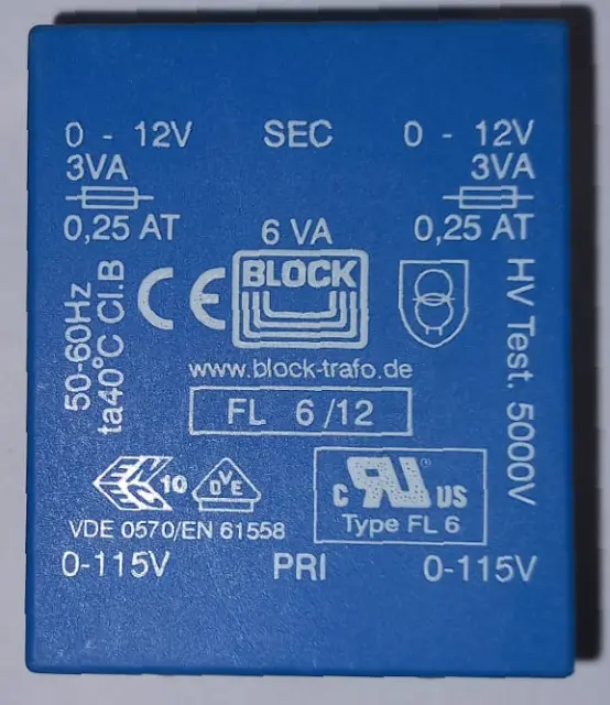 Trasformatore per PCB, 6VA, 2x115Vac 2x12Vac