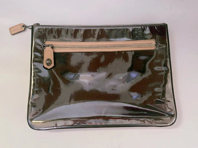 COACH Silver Tan Leather Trim Flat Zip EReader IPAD Case  11 1/2”X 8 1/2”