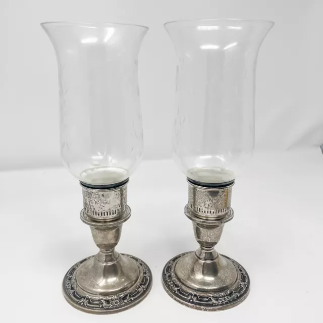 Wild Rose Hurricane Lamps Candlesticks Pair International Sterling Silver