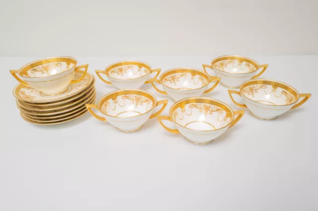 Mintons England PA1344E Bouillon Soup Bowls and Saucers Set of 7 Gold Encrusted