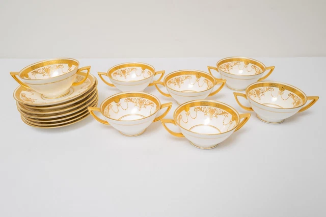 Mintons England PA1344E Bouillon Soup Bowls and Saucers Set of 7 Gold Encrusted