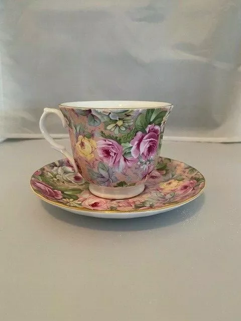 Crown Trent TeaCup & Saucer Pink & Yellow Roses Chintz Gold Trim No Chips/Cracks