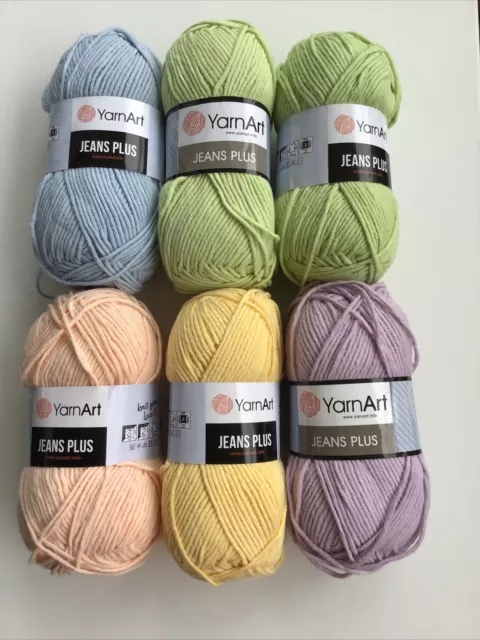 Yarn Art Jeans Plus 6 Skeins Assorted Colors Blue Green Yellow Lilac Peach