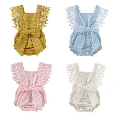 Newborn Infant Baby Girl Cotton Romper Lace Bow Jumpsuit Headband Clothes Set UK