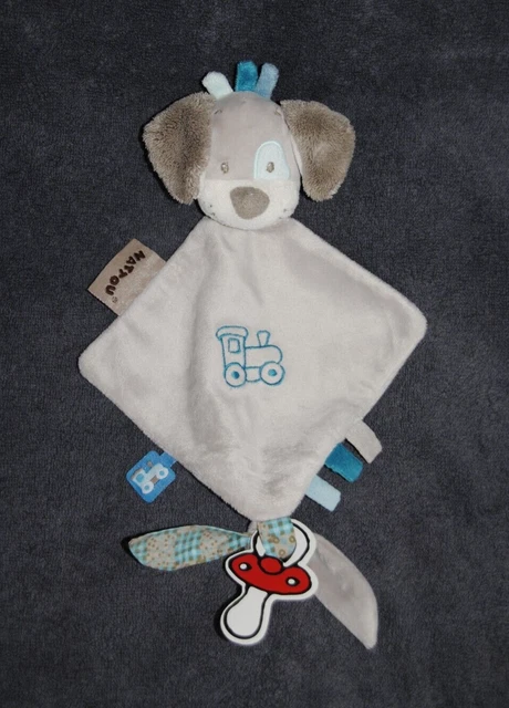 Doudou Plat Chien Train NATTOU Cyril et Gaston Gris Bleu Attache Tétine TTBE