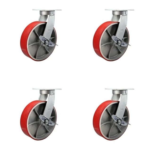 10 Inch Heavy Duty Red Poly on Cast Iron Swivel Caster Set with Brakes Set 4