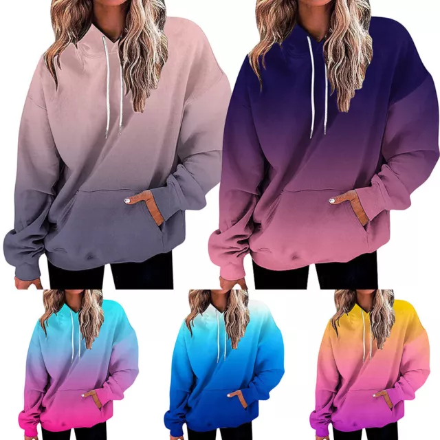 Womens Gradient Long Sleeve Hoodie Tops Ladies Casual Baggy Hooded Sweatshirt AU 3