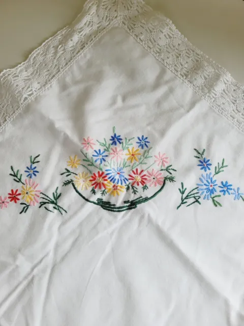Vintage white cotton/linen embroidered tablecloth 90cm square supper cloth