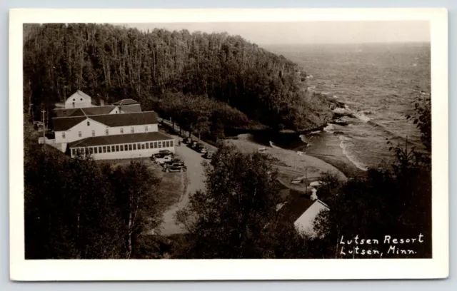 Lutsen Minnesota~Airplane View of Mountain Resort~Long Enclosed Porch~RPPC c1950