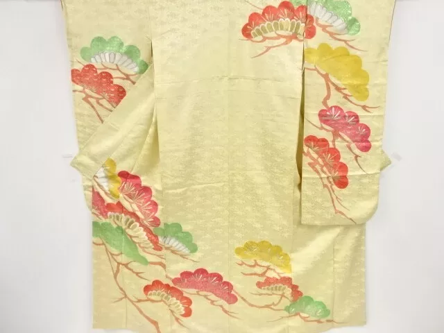 80328# Japanese Kimono / Antique Furisode / Embroidery / Pine