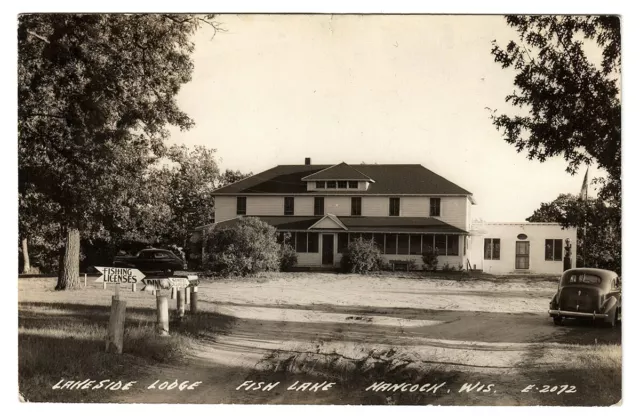 Vintage Real Photo Postcard Lakeside Lodge Fish Lake Hancock Wisconsin WI RPPC