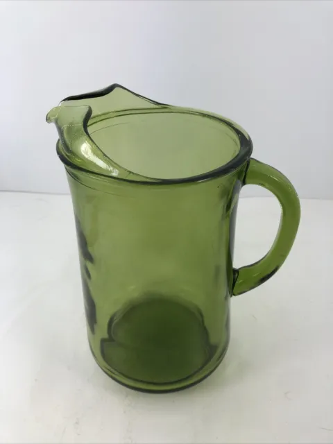 Pitcher Green 1950’s Vaseline Glass Holds 10 Cups 10”High At Spout Vintage