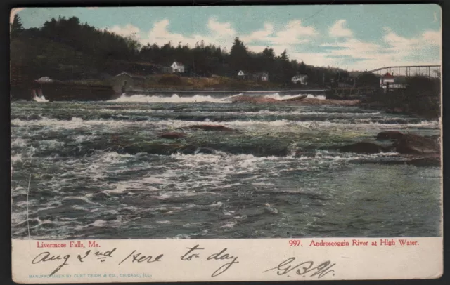 Postcard Livermore Falls Maine Androscoggin River At High Water 1906