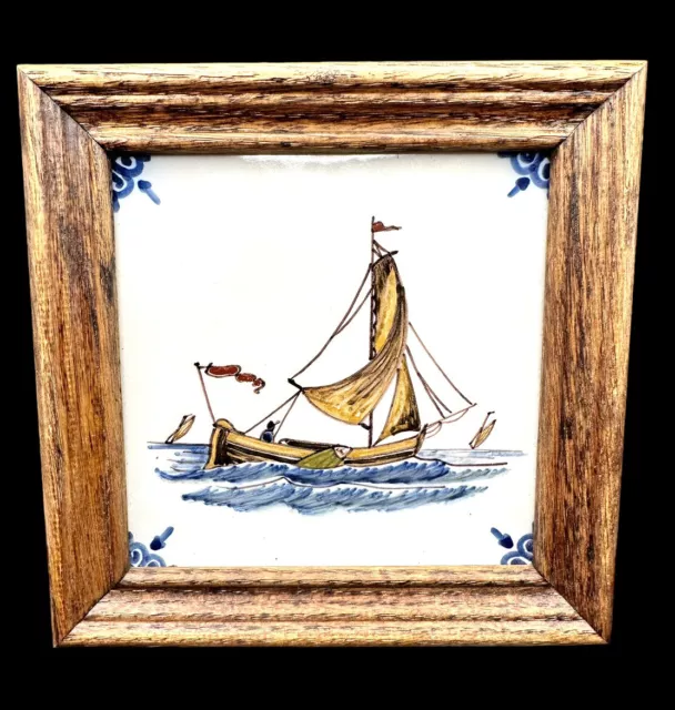 Vtg Wood Framed Makkum Pottery Hand Painted Dutch Tile Sailboat Ocean Fisherman