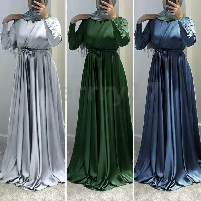 ZANZEA Womens Muslim Kaftan Long Sleeve Satin Silky Fashion Party Maxi Dress UK