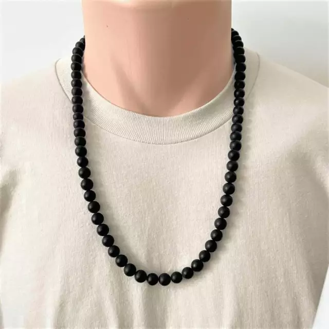 Mens Black Onyx Beaded Long and Short Necklaces Natural Stone