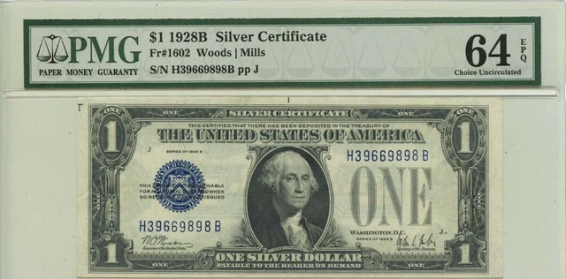 1928B $1 Silver Certificate Blue Seal Fr# 1602 PMG CH64 EPQ