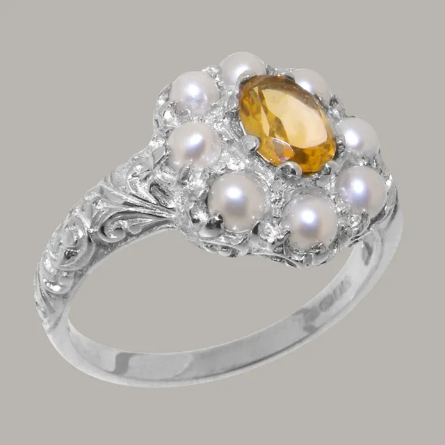 Solid 925 Sterling Silver Natural Citrine, Pearl Cluster Ring-Sizes 4 to 12