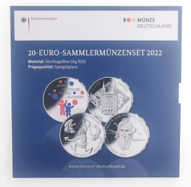 BRD - 4 x 20 Euro Sammlermünzen Set  2022 - Sterlingsilber Spiegelglanz OVP