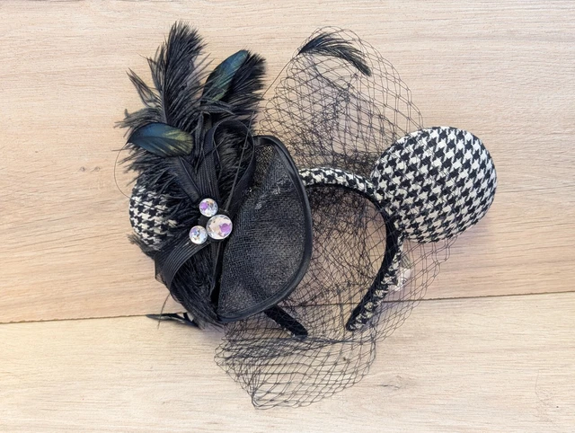 DISNEY BLACK HOUNDSTOOTH Elegant Feather Veil Minnie Ears  display picture 2