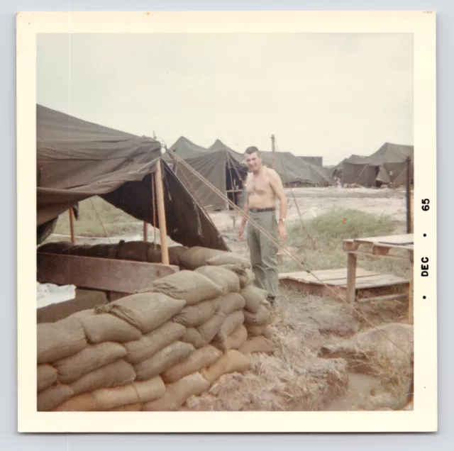 1965 Vietnam War US Army Shirtless GI at Tent in Camp Original Vintage Photo