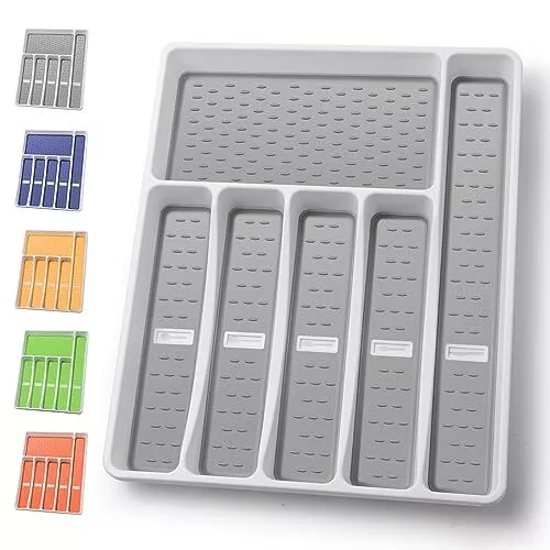 6 Compartment Silverware Organizer Tray for Kitchen Drawer with Non-Slip Linings