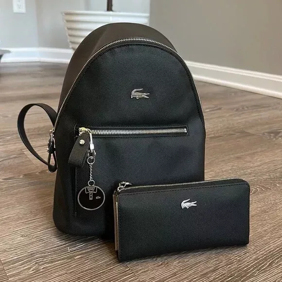 Lacoste Women Daily Classic Backpack w/ Slim Zip Wallet SET - Black