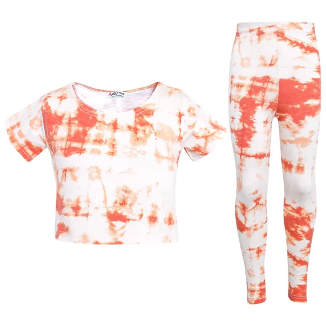 Kids Girls Crop Top & Legging Orange Tie Dye Print Summer Outfit Sets 5-13 Years