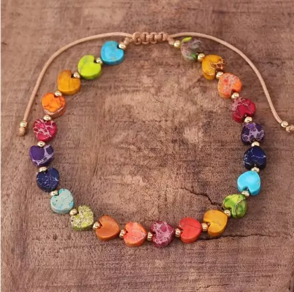 7 Chakra Rainbow Heart bracelet, adjustable, unique gifts, Boho style.