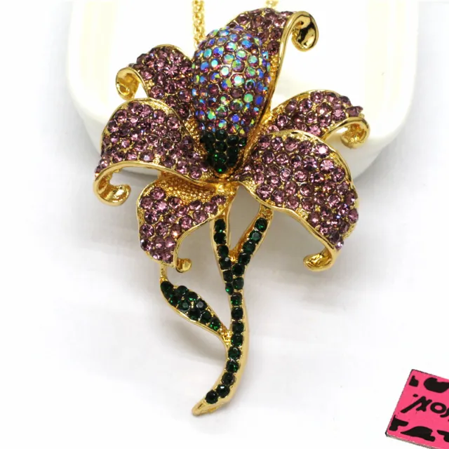 Betsey Johnson Purple Bling Flower Rhinestone Crystal Pendant Chain Necklace