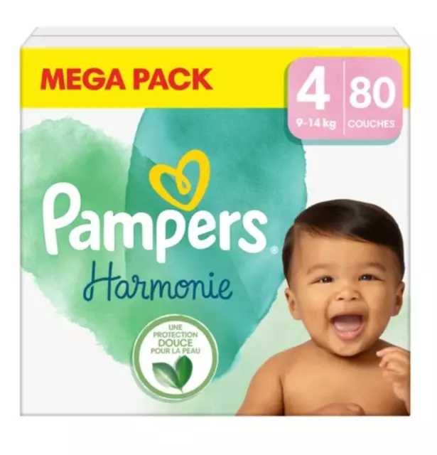 Mega Pack 80 Couches PAMPERS HARMONIE Taille 4 (9 à 14 KG) New Baby Changes Bébé