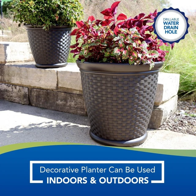 Planter Large Plant Garden Flower Pot Round Molded Resin Brown 22 Inch (2 Pack)
