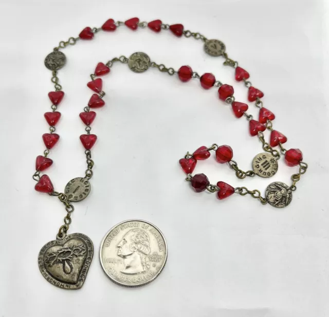 Vintage Heart Shaped & Round Faceted Red Art Glass Rosary Beads (Partial)