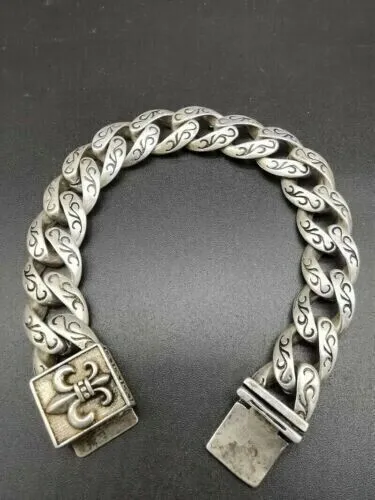 Exquisite Old Chinese tibet silver handcarved letter bracelet 6801
