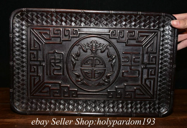 14.4" Old Chinese Huanghuali Wood Dynasty Bat Words Furniture Tray Plate