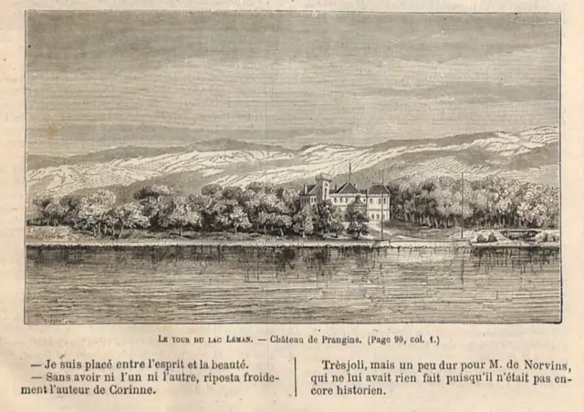 Le Tour Du Lac Léman / Chateau De Prangins (Ch) Gravure Engraving 1882