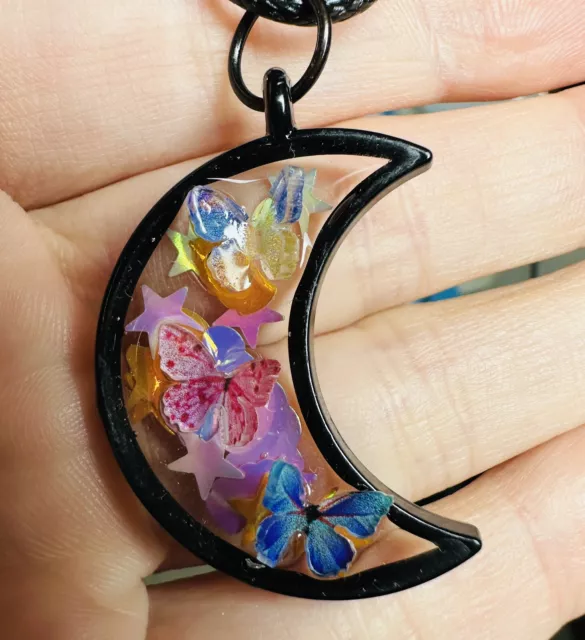 Handmade Butterfly Black Moon glitter resin Necklace