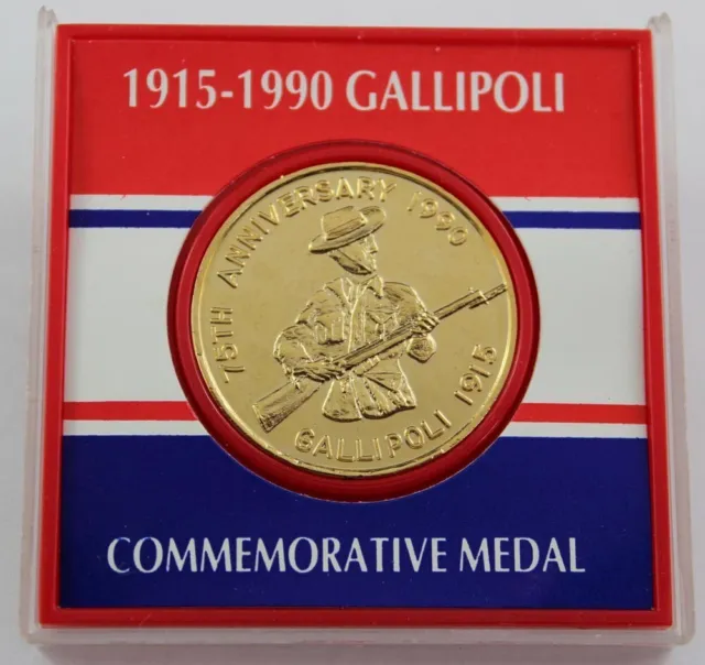 Australia: 1915-1990 75th Anniversary of Gallipoli gold glt medal. Cased.