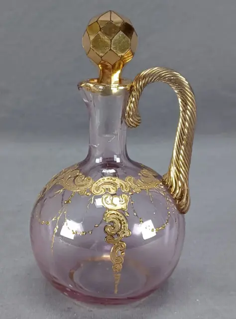 Bohemian Moser Style Raised Gold Scrollwork & Bead Swags Amethyst Glass Cruet