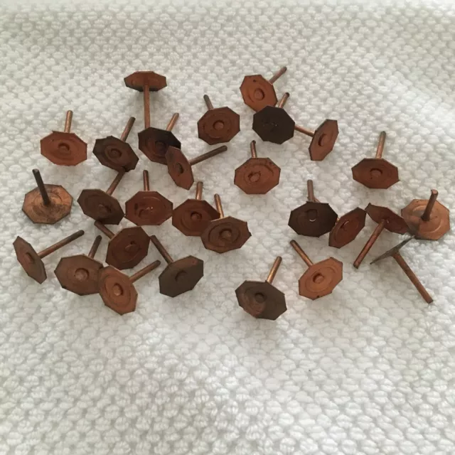 28 Vintage Copper Tacks 5/8” 8 Sided Octagon Nails/Rivets Natural Tarnish