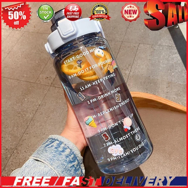 Water Bottle Cup Sport Straw Drinking Jug with Time Scale Stickers (Blue)