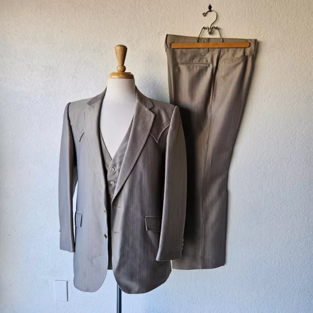Vintage 70s 80s Falcone Don Mart Tan Beige Polyester Wester 3Piece Suit 40R/42R
