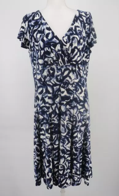 Lauren Ralph Lauren Midi Dress Womens 16 Navy Blue Floral Fit Flare Short Sleeve