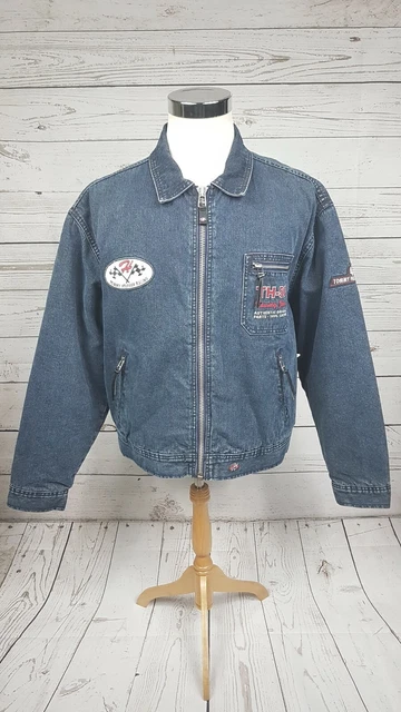 VINTAGE TOMMY HILFIGER Denim Jean Jacket Racing Motorcycle LG