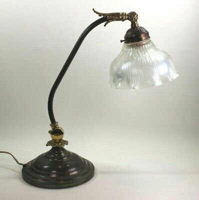 Antique Brass or Bronze Desk Student Banker Adjustable Lamp w/Glass Shade