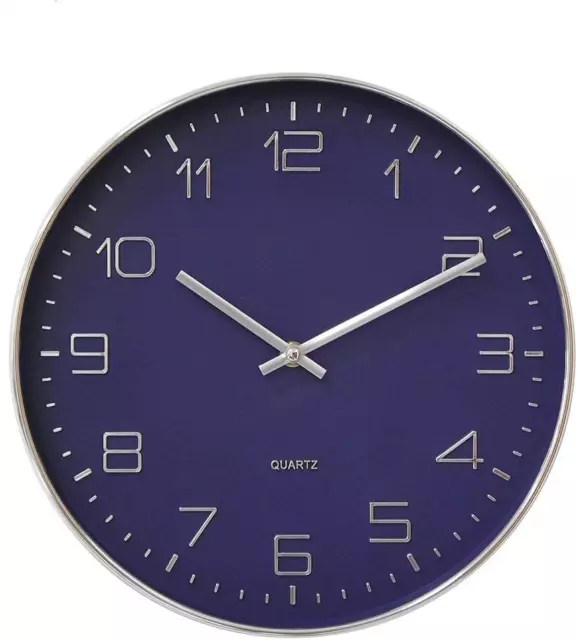 Wall Clock Silent Non Ticking - 12 Inch Quality Quartz Round  Navy Blue