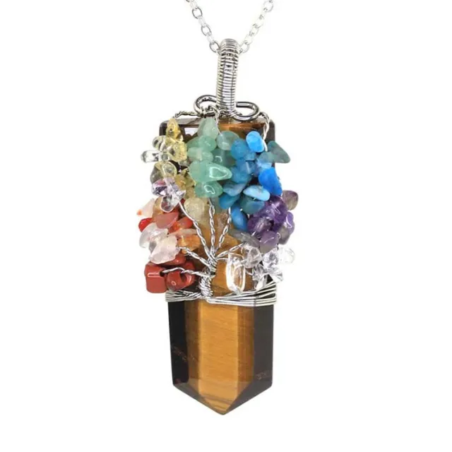 Natural Healing Crystal 7 Chakra Reiki Tree of Life Sword Stone Pendant Necklace